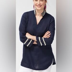 Chico’s Linen Navy Blue Women's Tunic Top with Rick Rack Trim size Large